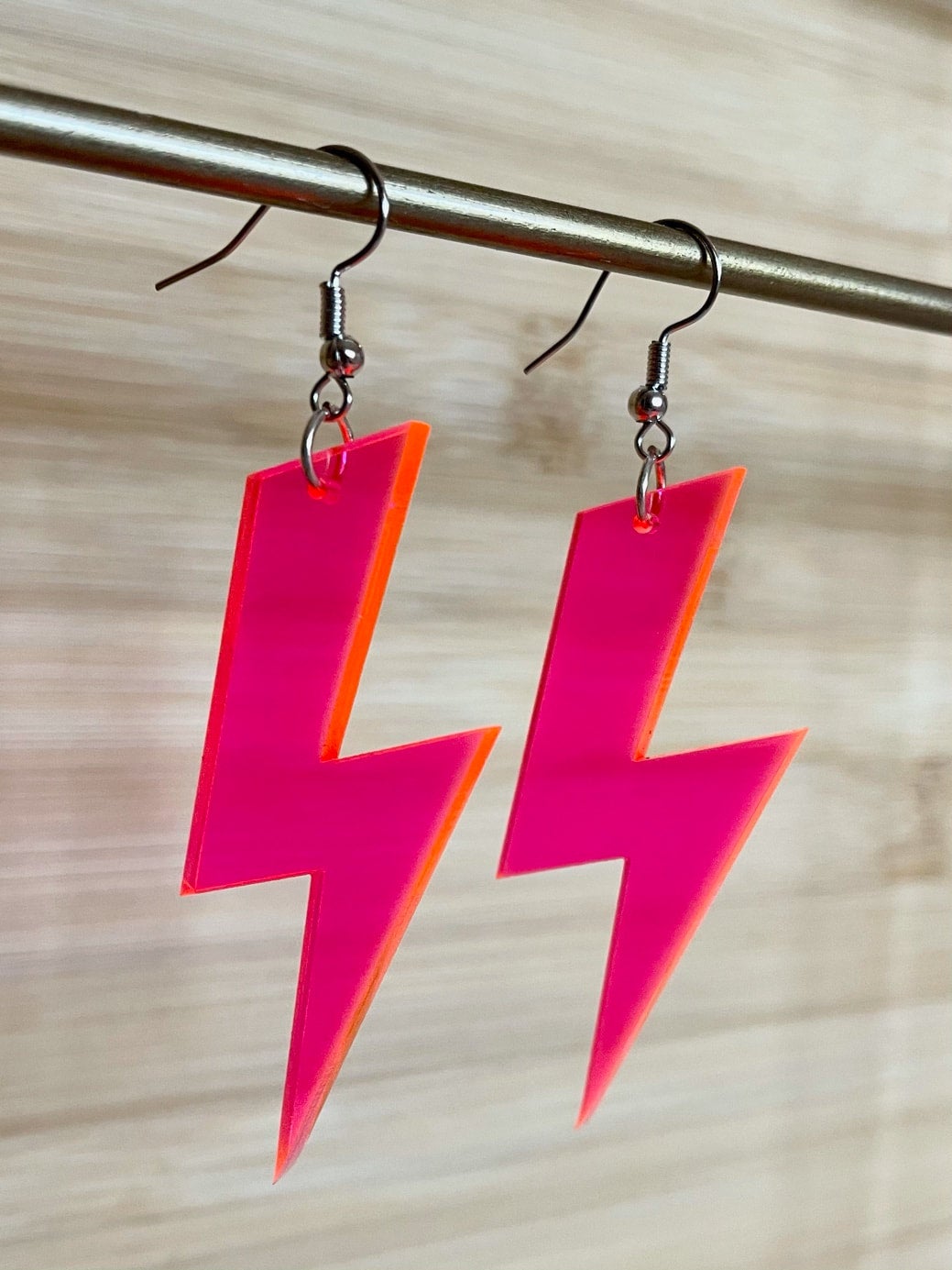 80s Pink Earrings Neon Lightning Bolt Rave Fancy Dress Jewellery 